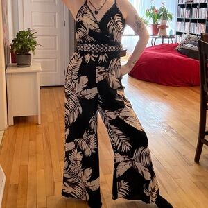 Wide-Leg Tropical Print Jumpsuit in Black and Cream